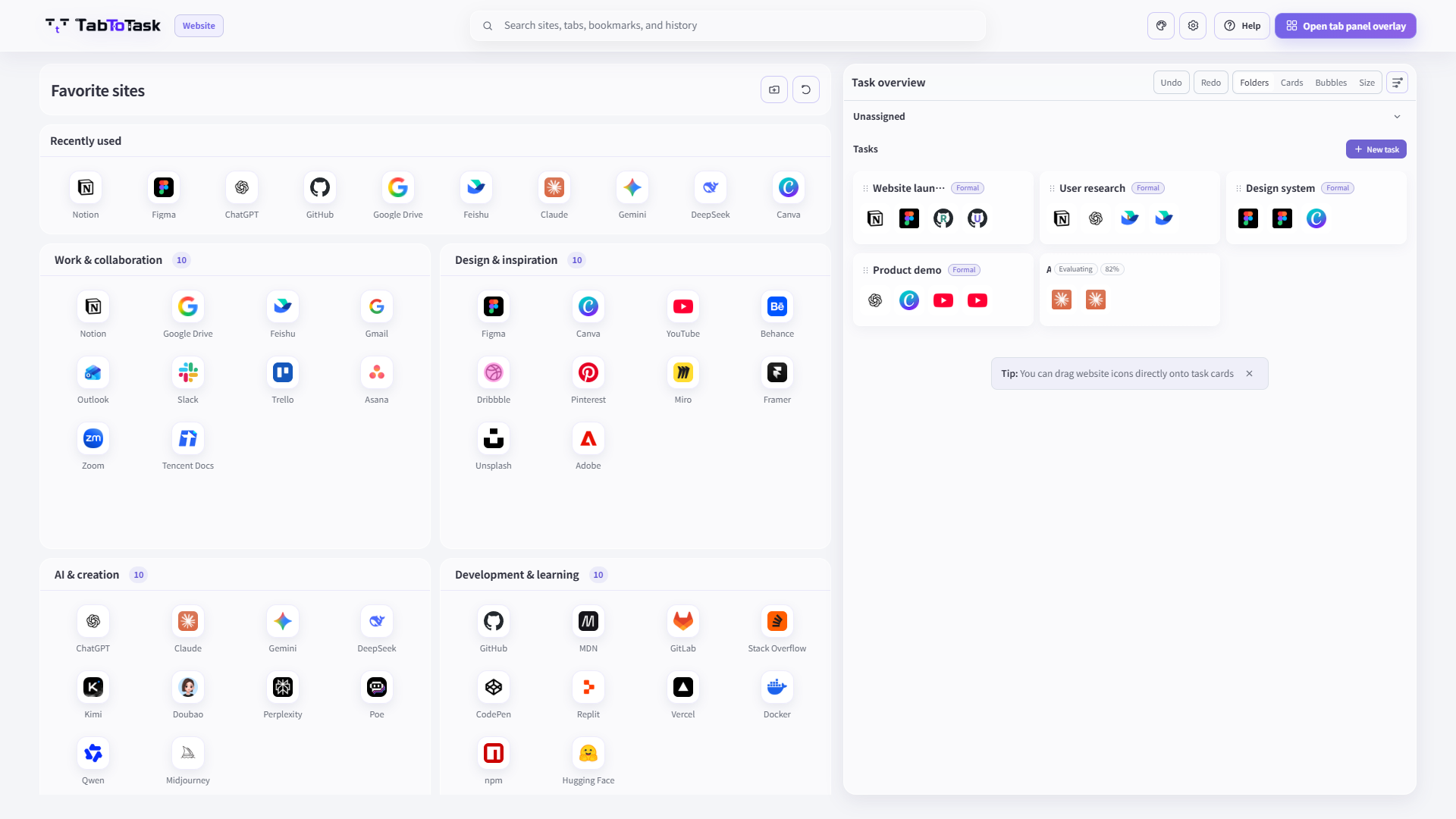 Current TabToTask product interface